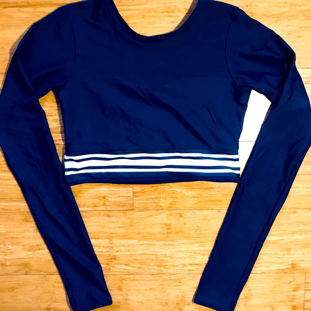 Navy Blue Long Sleeved Rash Guard W/ Wht Stripes